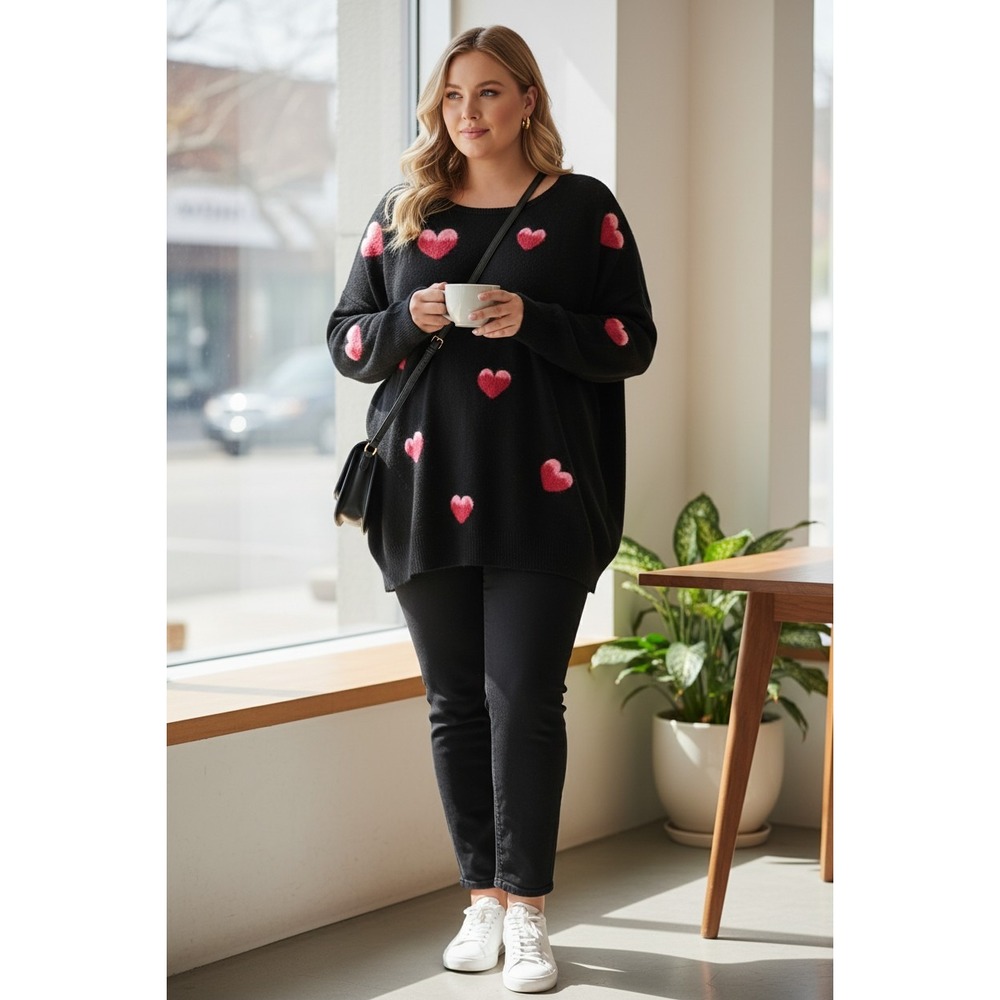 Black Heart Sweater 2X Oversized Pink Felted Hearts Soft Cozy Plus‎ Size